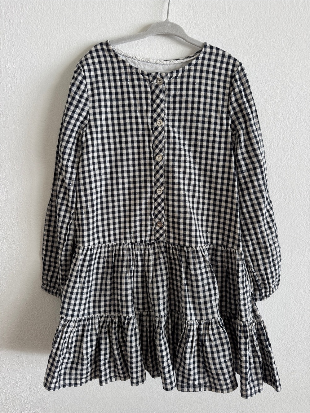 Kaisely Girls Black and White Gingham Button-Front Tiered Dress